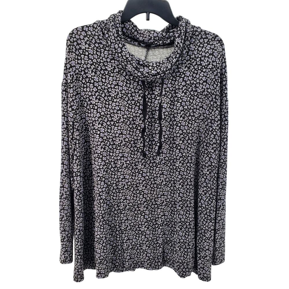 Lane Bryant Women 18/20 Floral Cowl Neck Drawstring Tunic Top Purple Black White